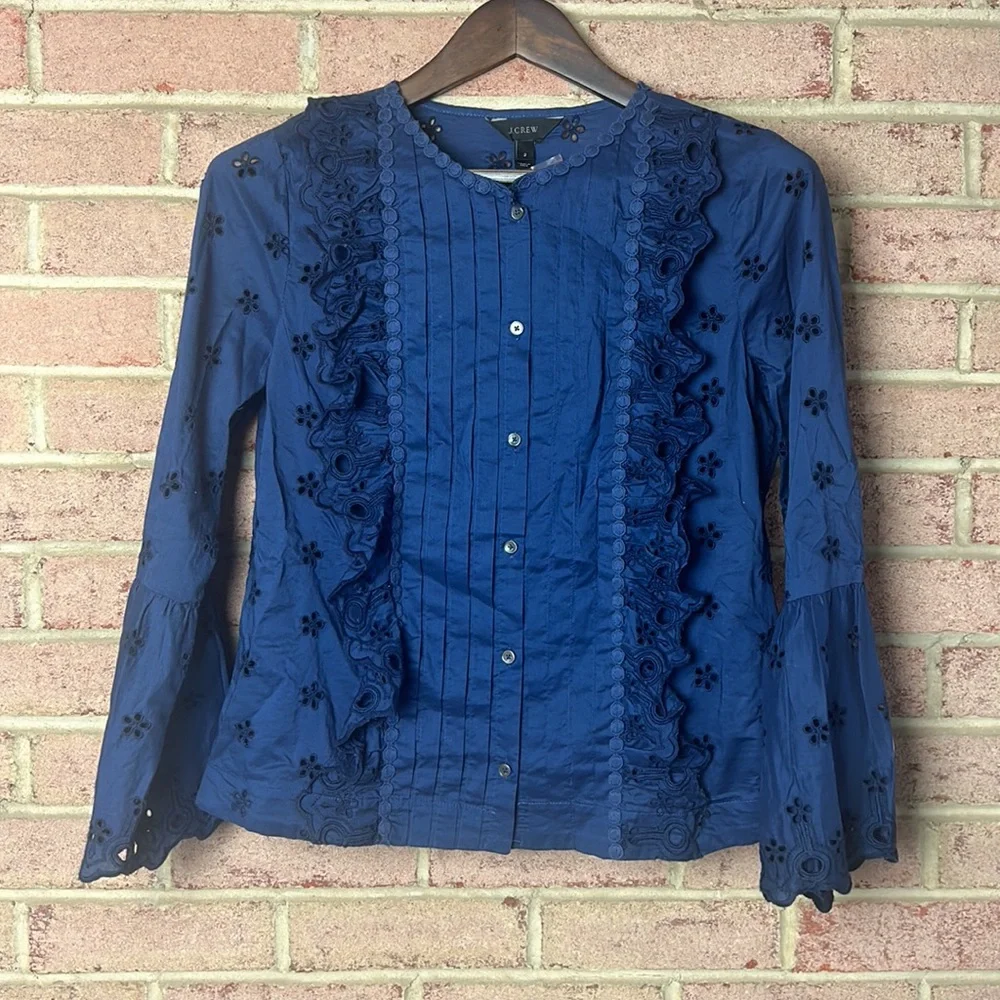 J Crew Button Down Eyelet  Ruffle Top - Picture 2 of 7